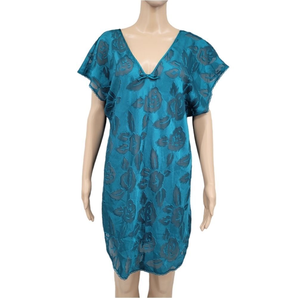 Intimate Moods Vintage Teal Sheer Floral Burnout Design Lace Trim Women's Large